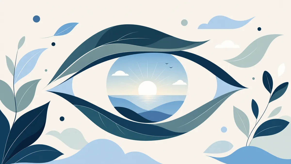 Calm illustration of an eye with a sunrise inside the iris